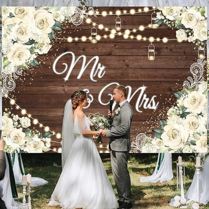 8x6ft Floral Mr and Mrs Engagement Decorations Backdrop White Flowers Wooden - Image 5