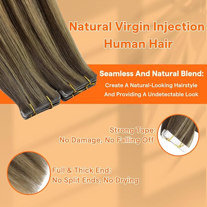 Full Shine Injected Tape in Hair Extensions Color BM Blonde Invisible Virgin Tape in Human Hair Extensions 16 Inch Seamless Machine Remy Extensions Real Human Hair 20Gram 10Pcs Add Volume