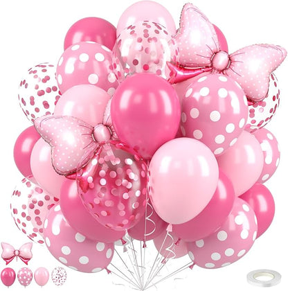 Pink Bow Balloons, 12 Inch Hot Pink Rose Dots Bow Foil Balloon and Confetti by FEYG