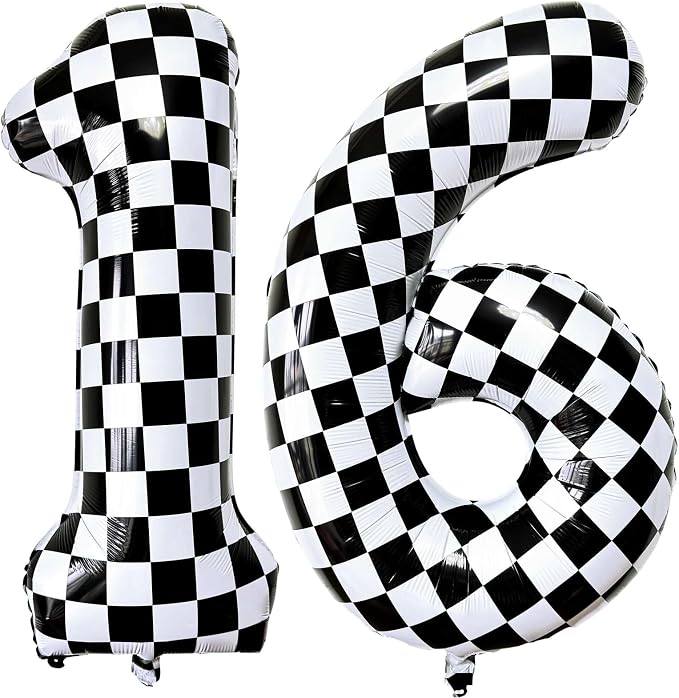 LHOAVWE Number 16 Checkered Balloons 40 Inch Giant Race Car Checkered 16 Number by LHOAVWE