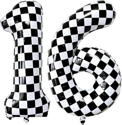 LHOAVWE Number 16 Checkered Balloons 40 Inch Giant Race Car Checkered 16 Number by LHOAVWE