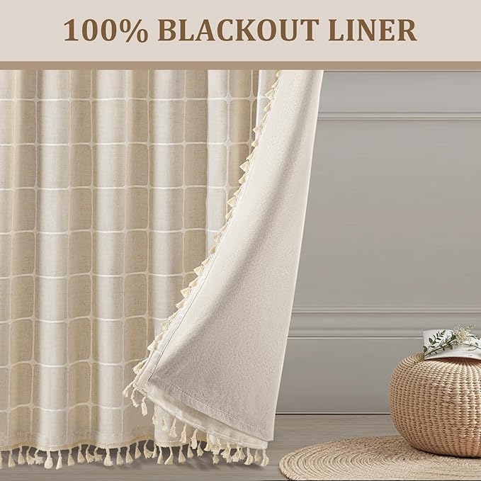 Boho Blackout Plaid Curtains 72 Inch Drapes Linen Blend 2 Panels | Vintage - Image 3