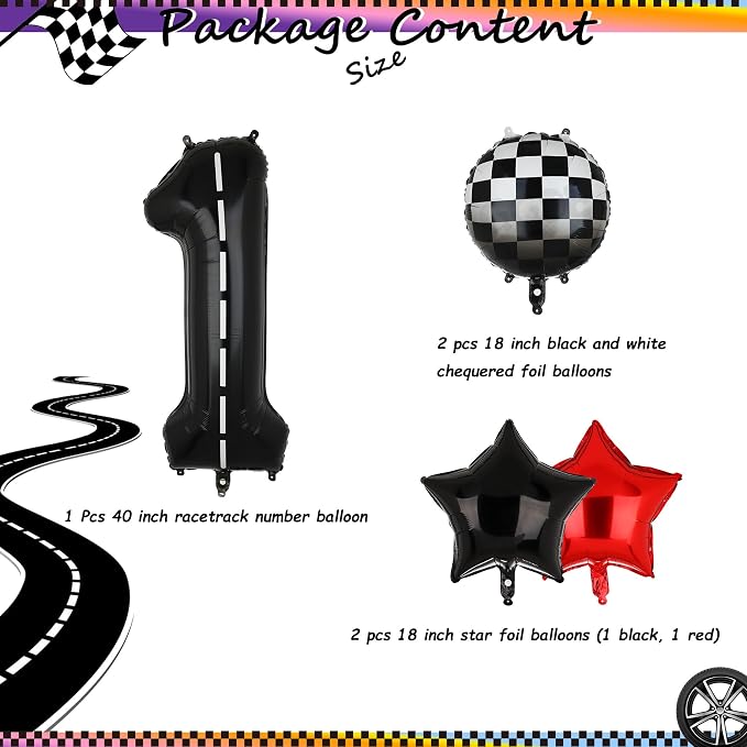 Race Car Birthday Balloons 40 Inch Racetrack Number Balloon 1 Black 5 Pcs | - Image 2