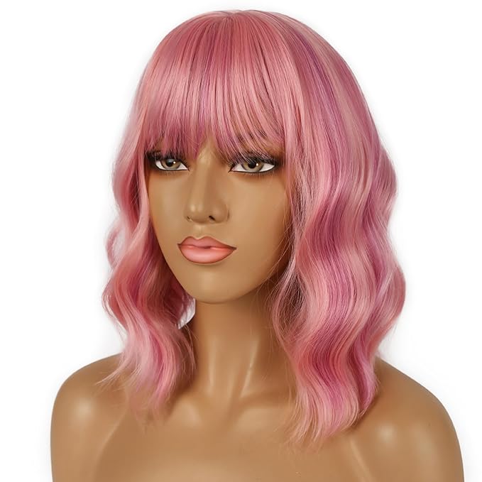 Short Bob Wigs with Bangs for Women Loose Wavy Wig Curly Wavy Shoulder Length Bob Synthetic Cosplay Wig for Girl Colorful Costume Wigs (Lovely Pink)