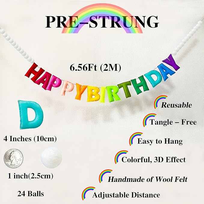 Pre-Strung Happy Birthday Banner, Felt Ball Garland HAPPY BIRTHDAY Garland | 3D - Image 4