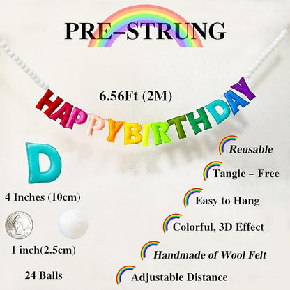 Pre-Strung Happy Birthday Banner, Felt Ball Garland HAPPY BIRTHDAY Garland | 3D - Image 4