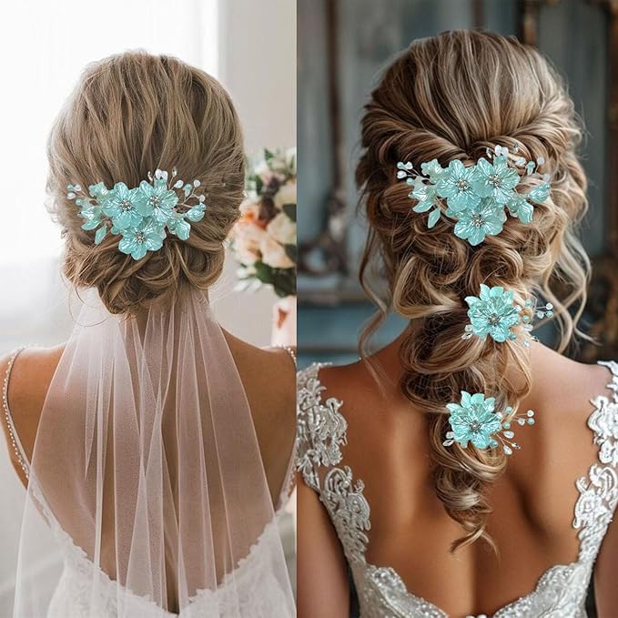 3 PCS Large Flower Bridal Wedding Hair Pins Crystal Pearl Hair Clips Headpiece Bride Hair Accessories Jewelry with Rhinestone, Glitter Emboss Blue Flower