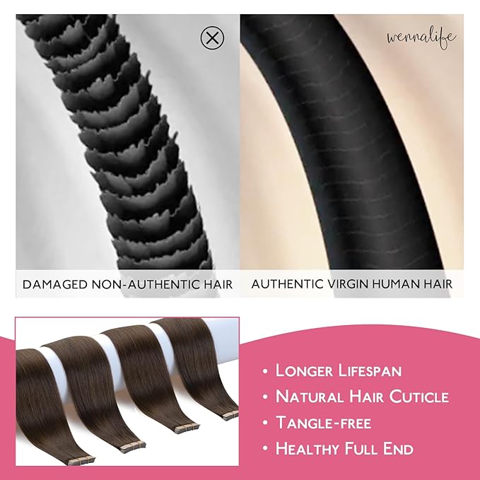 WENNALIFE Tape in Hair Extensions Human Hair Chocolate Brown Tape in Extensions, 10pcs 20g 12 inch Remy Invisible Tape Ins Straight Soft Real Human Hair Tape in Extensions Refill Set Extensions