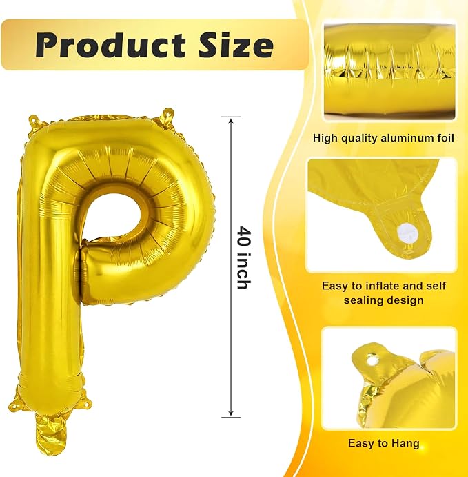 Gold Letter P Balloons, 40 Inch Large Foil Letter Balloons, Custom Phrase - Image 2