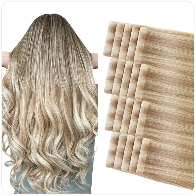 SUYYA Invisible Tape in Hair Extensions Human Hair Seamless Injected Hand-Tied Pro Quality Virgin Human Hair Tape Ins Ash Blonde Highlighted Bleach Blonde 20PCS 50G/Pack Straight(18 inch #P18/613)
