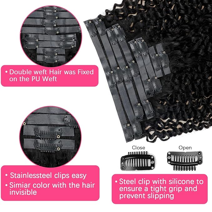Seamless Kinky Curly Clip in Hair Extensions Real Human Hair Brazilian Virgin 3c 4a Curly Clip ins Human Hair Extensions (16inch,#1B)
