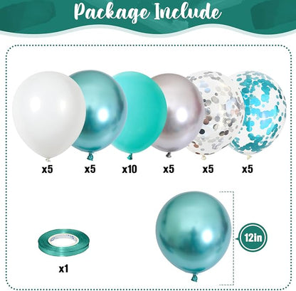 Teal Blue Silver Balloons, Aqua Blue White Silver - Image 2