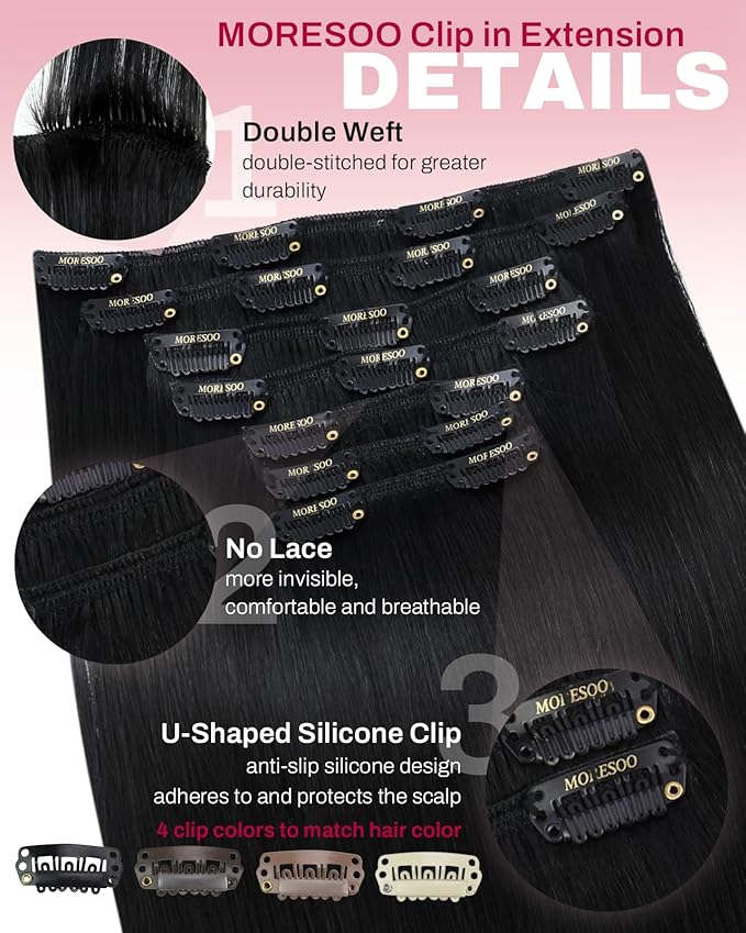 Moresoo Jet Black Hair Extensions Clip in Thick Real Human Hair Clip in Extensions Jet Black for Women Natural Remy Human Hair to Add Thickness Straight Double Weft 150g/7pcs 20in