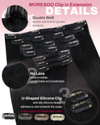 Moresoo Clip in Hair Extensions Black Women Double Weft Human Hair Clip in Extensions Black Hair Extensions Clip ins Real Human Hair Jet Black 7pcs/135g 16inch