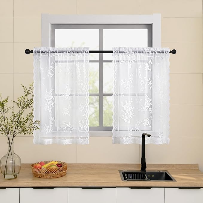 SEEKRIGHT White Lace Cafe Curtains 36 Inch Length Rod Pocket Privacy Sheer - Image 2
