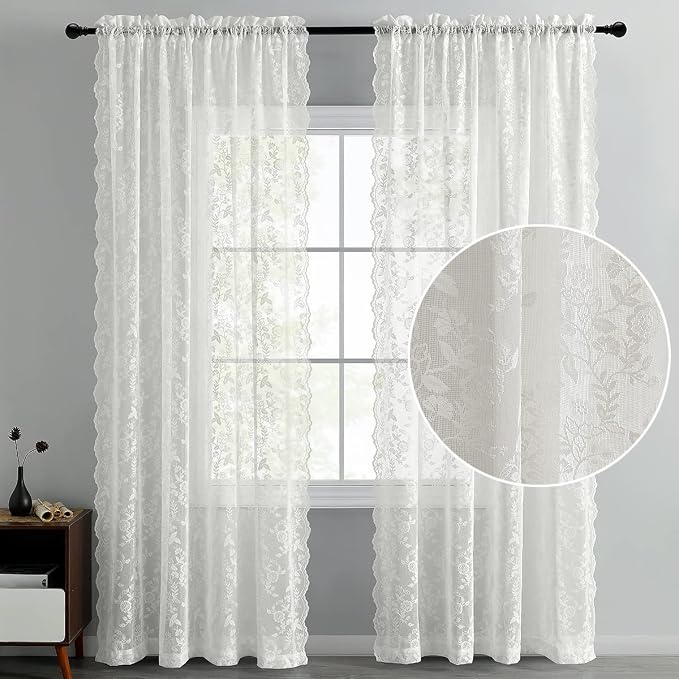 FINECITY Ivory Lace Curains for Bedroom Rustic Floral 52 x 90 Inch 2 Panels | - Image 3