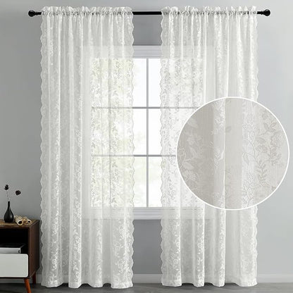 FINECITY Ivory Lace Curains for Bedroom Rustic Floral 52 x 90 Inch 2 Panels | - Image 3