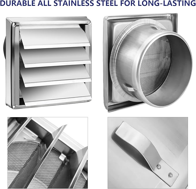 Funmit 6'' Metal Dryer Vent Cover, 7"x7" Outside Dimensions with Metal Mesh Screen, Outdoor Stainless Steel Louvered Vent Cover Includes 4 Screw for Easy Installation