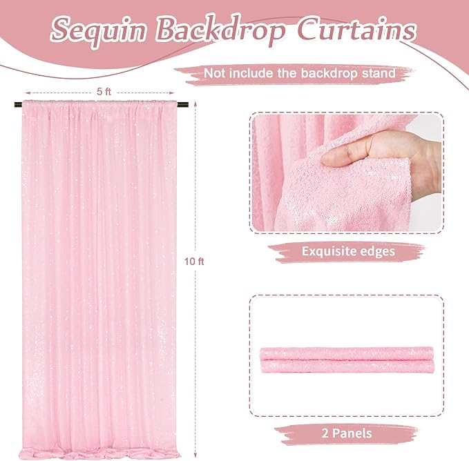 Pink Sequin Backdrop Curtains 2 Pcs 5FTx10FT Photography Background Party - Image 4