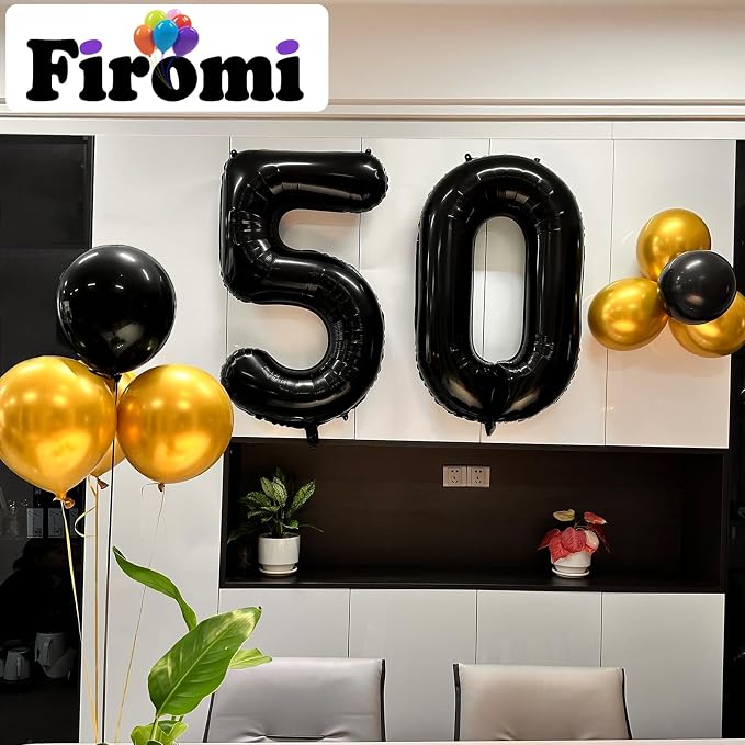 FIROMI 50 Number Balloons Black Big Mylar Foil 50th Balloon Numbers 40-inch | - Image 3