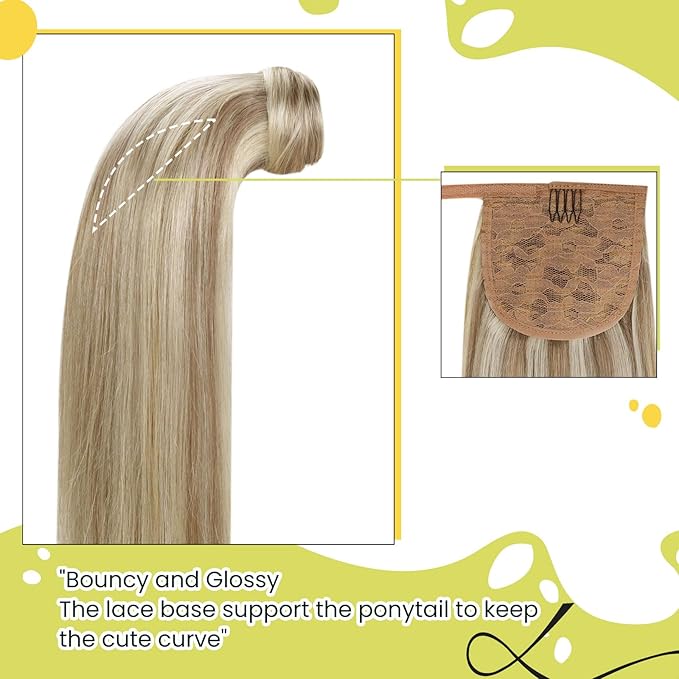 RUNATURE Ash Brown Human Hair Ponytail Extension 14 Inch Straight Ponytail Human Hair Extensions with Clips Highlighted Platinum Blonde Ponytail Hair Extensions Real Human Hair Full Ends 70 Gram
