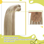 RUNATURE Ponytail Extension Real Human Hair, Short Ponytail Hair Extensions for Women, Soft Remy Natural Hair, Wrap Around Human Hair Ponytail, 12 Inch 70g #8P60 Ash Brown Highlight Platinum Blonde