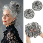 SARLA 2PCS Messy Hair Bun Hair Pieces Wavy Curly Synthetic Updo Fake Scrunchies Pony Tail for Women Dark Grey