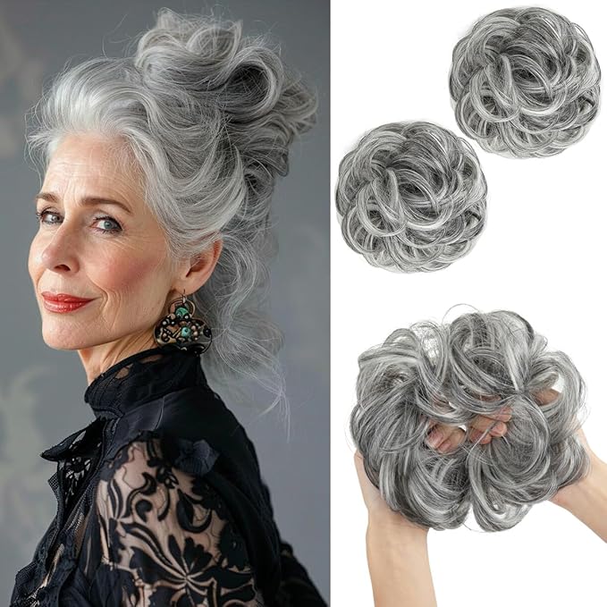 SARLA 2PCS Messy Hair Bun Hair Pieces Wavy Curly Synthetic Updo Fake Scrunchies Pony Tail for Women Dark Grey