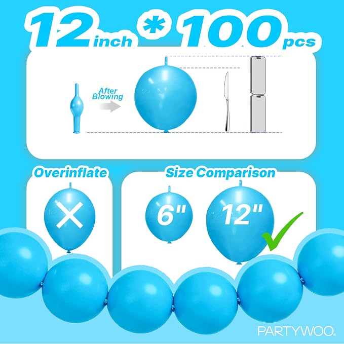 PartyWoo Light Blue Linking Balloons 100pcs 12 Inch Blue Link Balloons | - Image 4