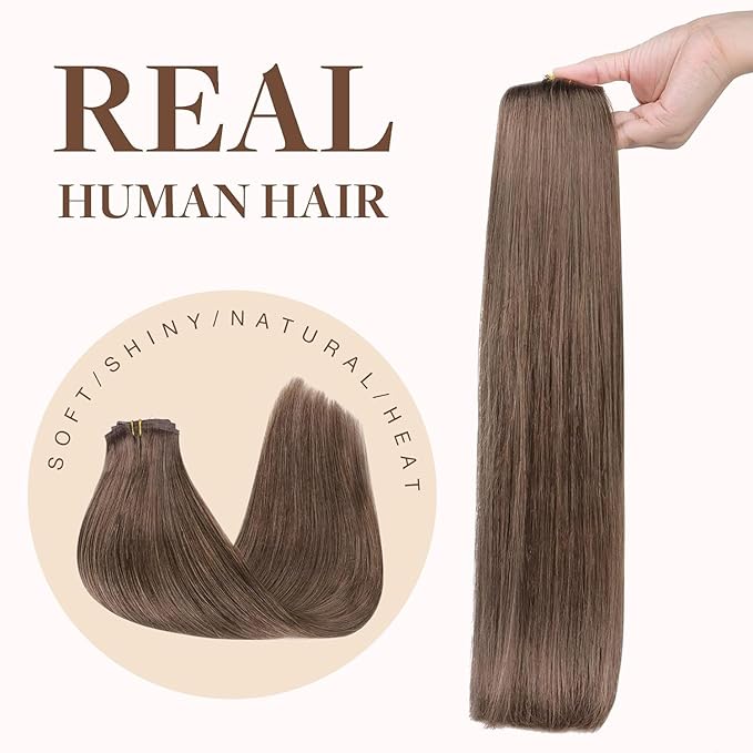 GOO GOO Clip in Hair Extensions Real Human Hair, Remy Human Hair Extensions Clip ins for Women, Natural Human Hair, 22 Inch 140g 7Pcs, 5 Light Ash Brown
