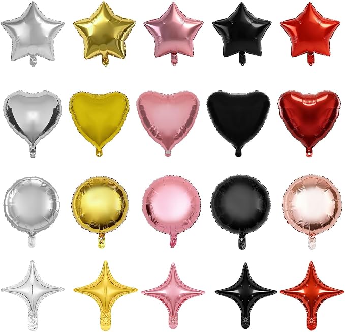 100 Pcs Mylar Foil Balloons Bulk, 18/10 Inch Assorted Shapes Star Heart Round & by PAKESI
