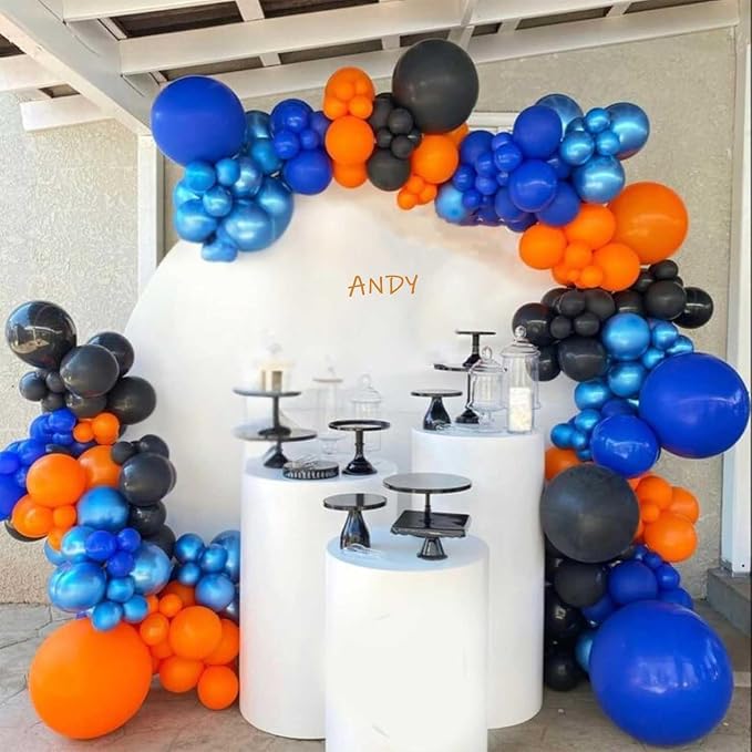 Orange Blue Balloons, 12 Inch Royal Blue and Matt Orange Metallic Gold Latex - Image 5