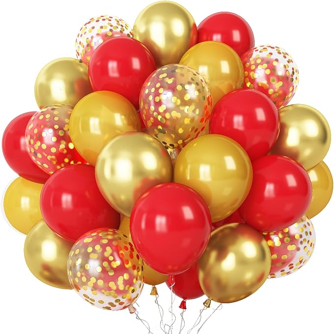 60 Pieces Balloons Red and Gold, 12 Inch Ruby Red Metallic Chrome Gold Pearl by Togvu