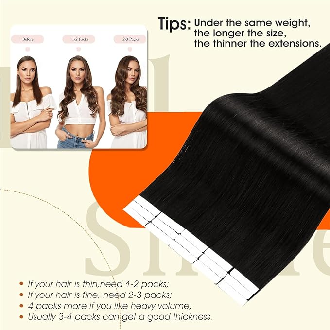 Full Shine Intact Tape Extensions Human Hair Color 1B Off Black Injection Tape In Hair Extensions Human Hair Cuticles Aligned 20Inch 50G Lightweight Natural for Women Daily Office Look 20Pcs