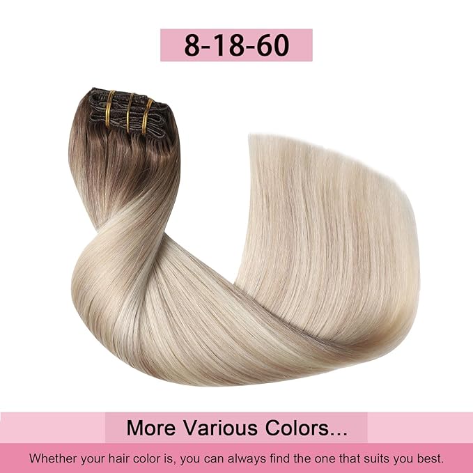 Pro2.0 Clip in Hair Extensions Real Human Hair 20inch 7pcs #8/60/18 Ash Brown to Ash Blonde Mix Platinum Remy Real Human Hair Extensions Clip ins 120g Thick Double Weft（#8/60/18-20inch）