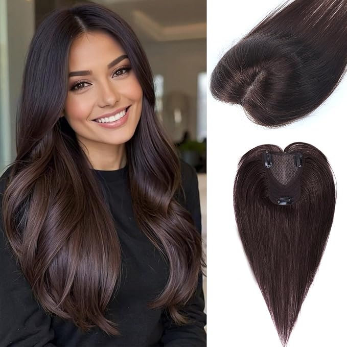 Hair Toppers for Women Real Human Hair Topper Upgrade Swiss Lace Middle Part Clip in Bangs Remy Human Hair Straight Hairpieces for Thinning Realistic Scalp 360° Cover Gray Hairy Roots Chocolate Brown