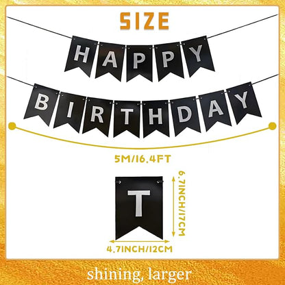 Black Happy Birthday Banner, Pre-Strung Black and Silver Birthday Party - Image 5
