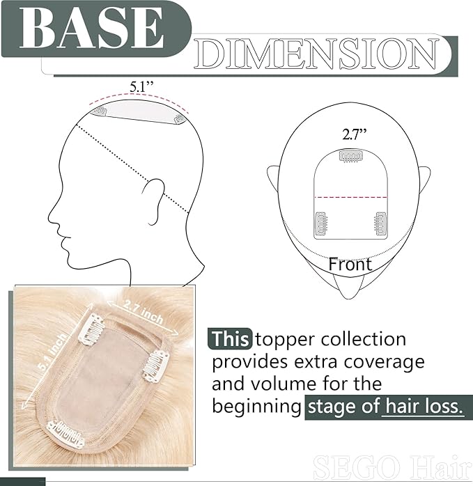 SEGO Hair Toppers for Women Real Human Hair with Thinning Hair, Toppers Hair Pieces Clip in Toppers Straight Hair Pieces with Front Bangs -12 Inch #18/613 Ash Blonde Mix Bleach Blonde
