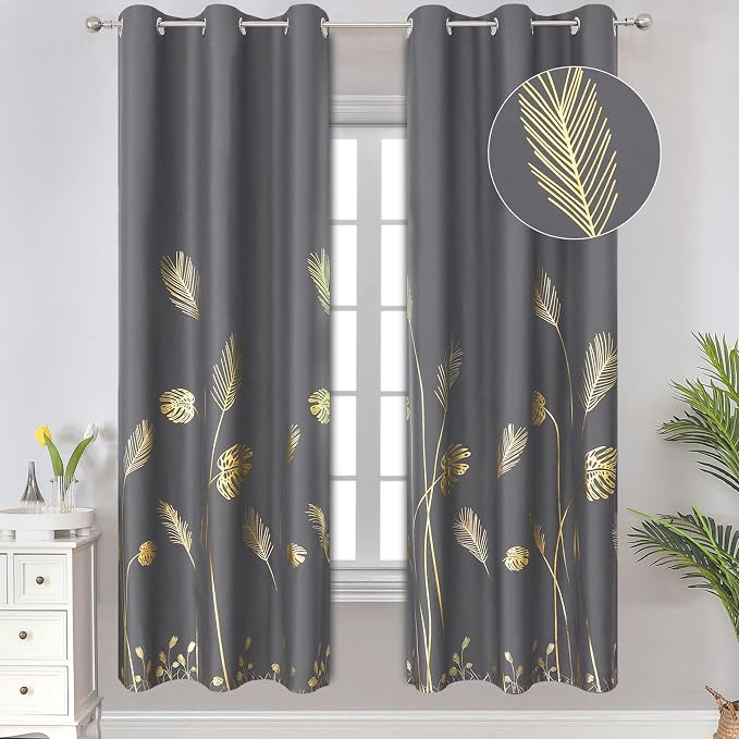 Gold Wheat and Leaf Printed Curtains Light Blocking Curtains Thermal Insulated by ESTELARTEXTILER