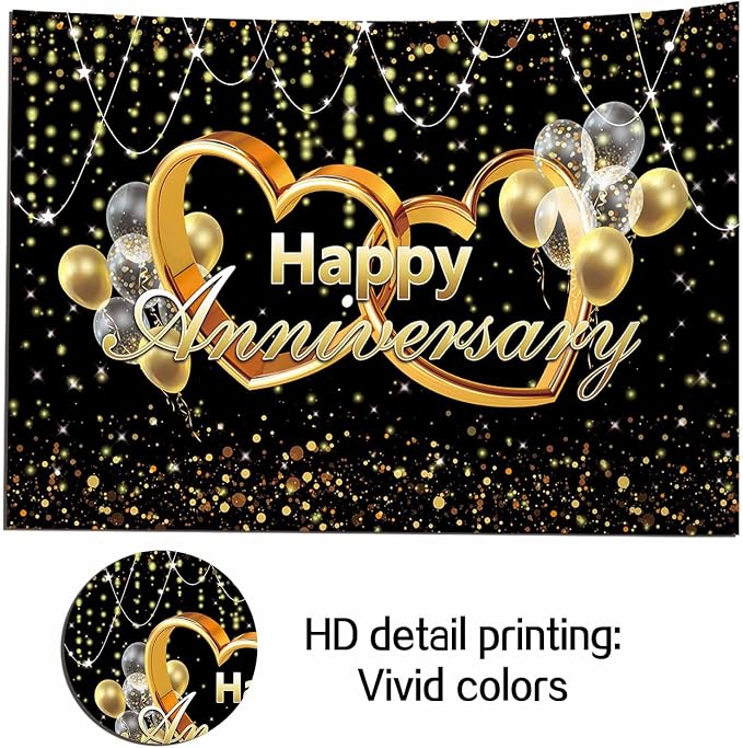 Happy Anniversary Backdrop Black and Gold Balloons Photography Background Poster - Image 5