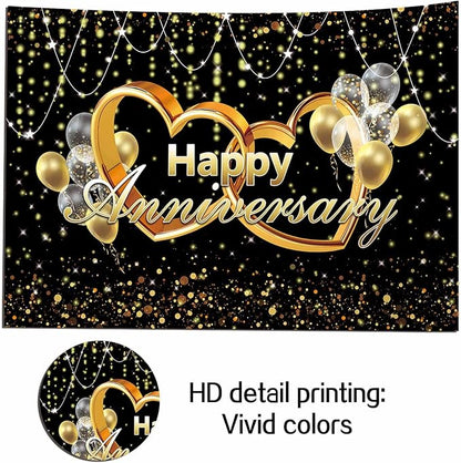 Happy Anniversary Backdrop Black and Gold Balloons Photography Background Poster - Image 5