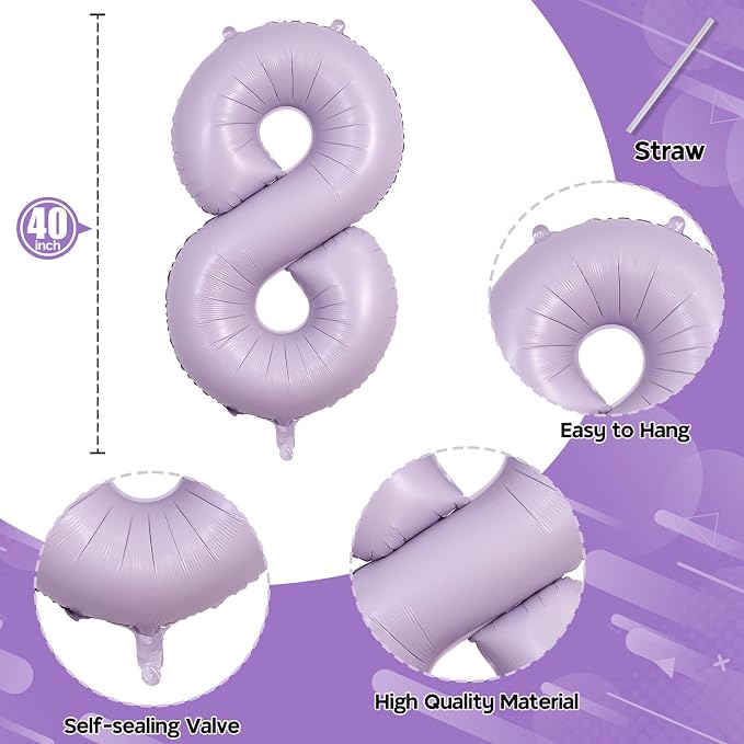 Light Purple Number 8 Balloons, 40 Inch Giant Dusty Pastel Purple Mylar Foil - Image 2