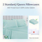 California Design Den Standard Queen Size Pillowcase Set - 400 Thread Count, 100% Cotton Sateen, Set of 2 Pillow Covers, Soft and Breathable - Seafoam