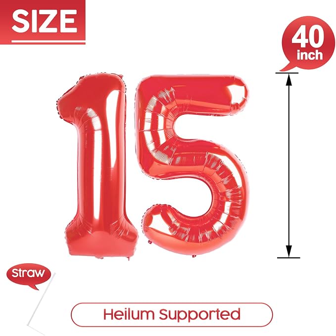 15 Balloon - Red Birthday Number Balloons, 40 Inch Decorations Men Women | Red - Image 5