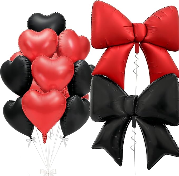 Vuzvuv Red Black Bow Heart Balloons Set, Anniversary, Bridal Shower, Girls by Vuzvuv