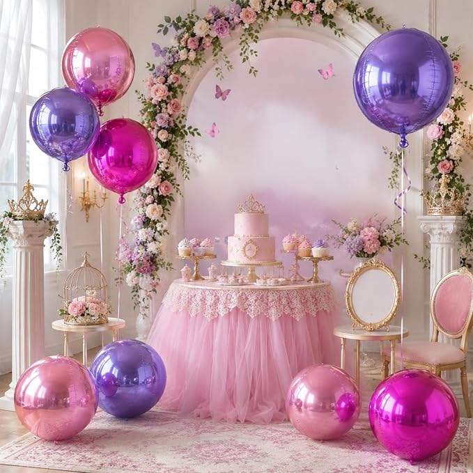 15 Pcs Pink and Purple Round Foil Balloons, 22/15/10 Inch 4D Ball Balloons Hot - Image 5
