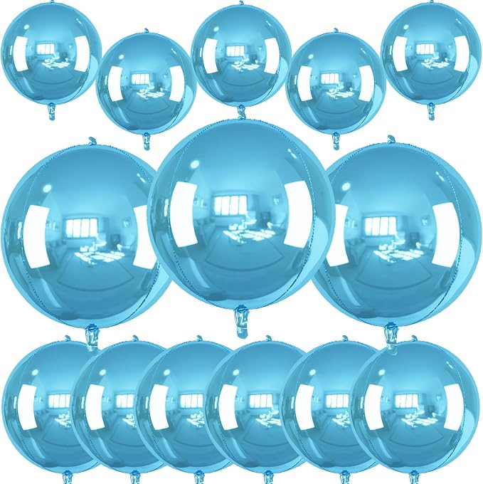 14 Pcs Blue Round Foil Balloons 22/15/10 4D Ball Balloons Light Baby Blue - Image 4