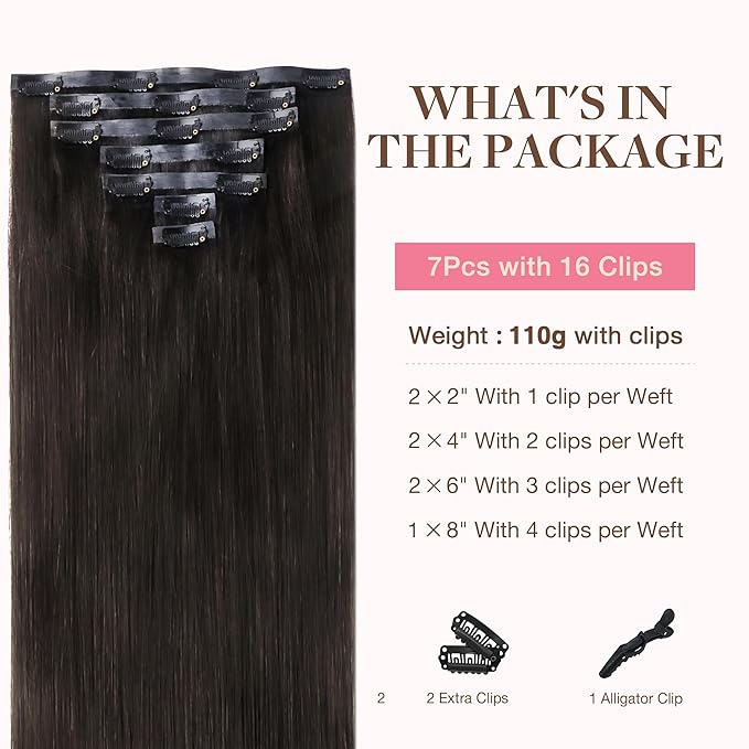 GOO GOO Clip in Hair Extensions Real Human Hair, Remy Human Hair Extensions Clip ins for Women, Natural Human Hair, 20inch 130g 7Pcs, #2 Dark Brown