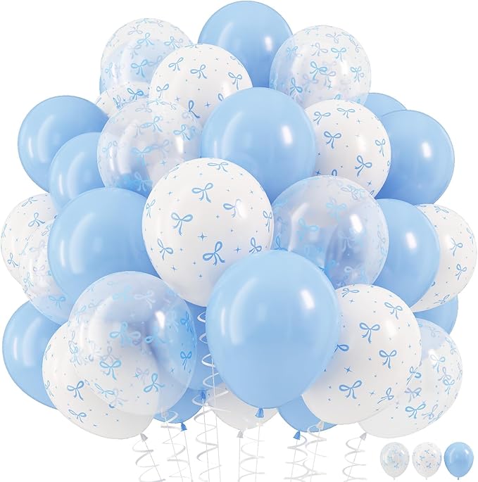 HILAVO Blue Bow Balloons, 12 Inch Pastel Light Blue Transparent White Bow Print by HILAVO