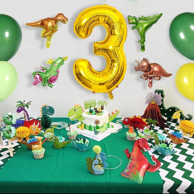 LilyZheng Dinosaur Number 3 Balloon, 40 Inch Large Gold Foil Number Balloon - Image 5